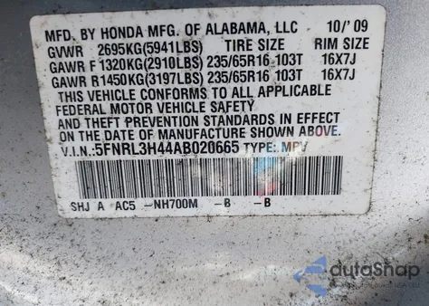 2010 Honda Odyssey Ex from USA, damaged, VIN 5FNRL3H44AB020665